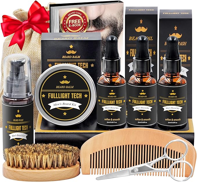 Fulllight Tech Men's Beard Grooming Kit with beard oil, balm, wash, brush, comb and scissors — Father's Day grooming gift for him
